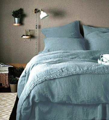 100% Leinen Bettwäsche 200x200+2/80x80 cm blau-grau Bettwäschegarnitur Neu