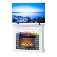 43" Shaker White Fireplace Media Console, Single Mantel with RGB Lights for 18"