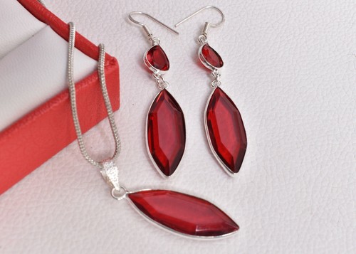 Sterling Silver Ruby Quartz Gemstone Handmade Pendant Earrings Wedding's Gift - Picture 6 of 9