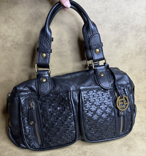 ELLIOTT LUCCA Black Leather Woven Satchel Shoulder Bag Quality Heavy Leather