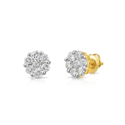14K Real Solid Gold 1Ct Natural Round Diamond Cluster Flower Halo Stud Earrings - Picture 6 of 9