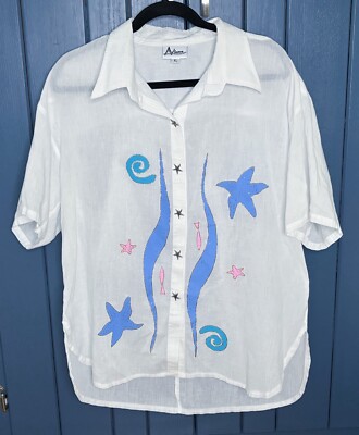 Artwave Starfish Tropical Shirt Sz XL Womens Art To Wear Coastal Beach Lagenlook
