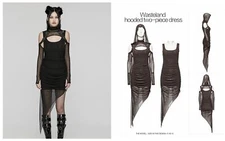 Punk Rave Black Gothic Casual Hooded Irregular Mesh Slim Fit Two-Piece Dress
