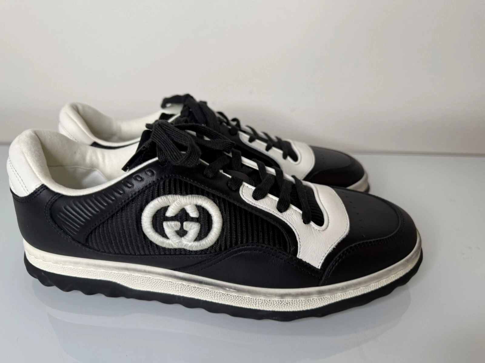 + baskets baskets GUCCI Mac80 cuir noir et blanc logo bas chaussure 7 G 7,5 US