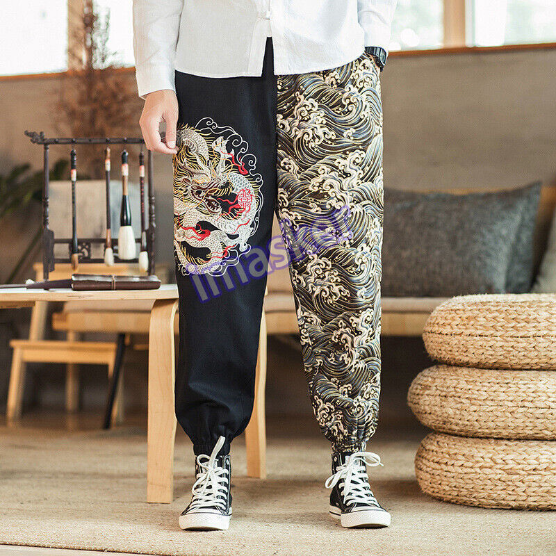 Mens Chinese Retro Dragon Embroidery Casual Pants Loose Elastic Trousers New
