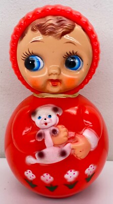 Vintage 70s Japanese Red Roly Poly Doll Holding Dog 9  Plastic Chyme Jingle RARE