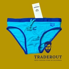Arena men turquoise blue Fundamentals borders swim brief swimwear size 32 34 36