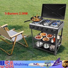 5-Burner Gas Stove Outdoor Camping Cooking BBQ Grill With 2-Tier Storage Rack