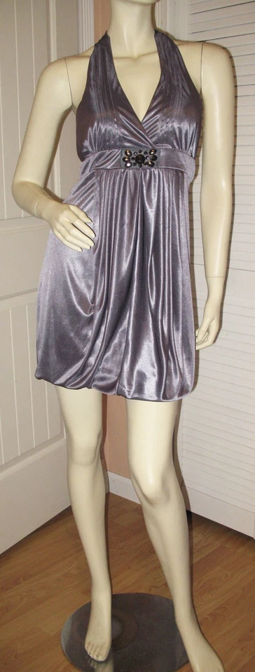 Vintage Y2K Womens Bubble Halter Dress Open Back Satin Metallic Silver Clubwear - Image 4 of 4