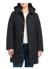 Jones New York Womens Jacket Black Quilt Hood Tie Belt Pockets Heavyweight