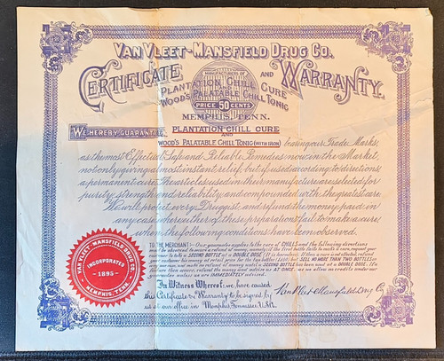1895 Van Vleet - Mansfield Drug Co. Memphis, TN 50c Certificate & Warranty