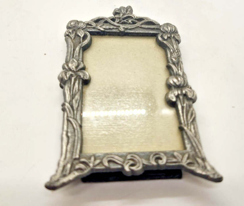 Vintage Miniature Ornate Metal Picture Frame Small Pewter Tone Velvet Back 2x3