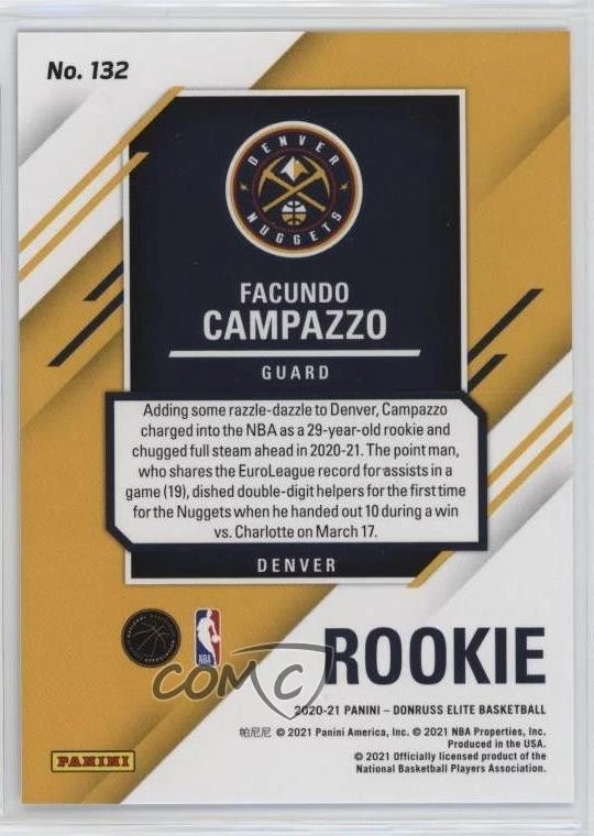 2020-21 Donruss Elite Rookies /299 Facundo Campazzo #132 Rookie RC - Image 2 of 2