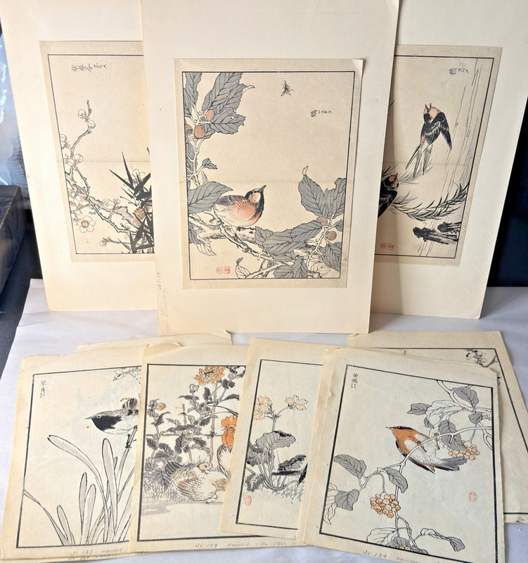 Lot of 13 Antique Japanese Woodblock Prints Birds Flowers Kacho-e Lot Owl Heron