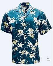 Paradise Found Teal Star Orchid Tropical Hawaiian Button Up Size Large