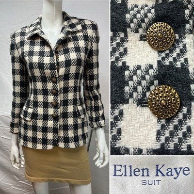 Vintage Women s 4 Black White Tweed Checkered Plaid Blazer Jacket Ellen Kaye 90s