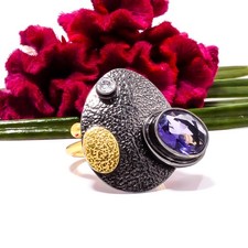 Purple Amethyst Black  Gold Plated 925 Sterling Silver Ring s.7 Sku74