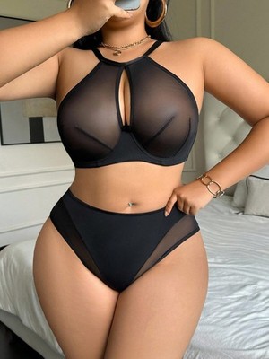 2 teiliges Damen Plus Size Mesh BH Set in Schwarz und Kamelfarben Billig24