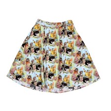 Vintage Style Kitten Print A-Line Midi Skirt Blue Floral Cat Garden Pockets S
