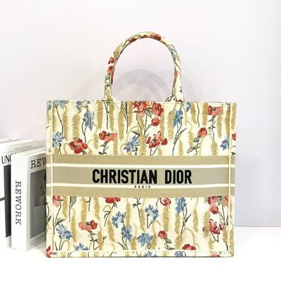 Christian Dior Book Tote Large Floral Wheat Motif Canvas Tote Bag Auth