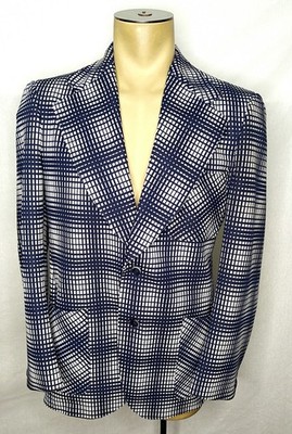 Vtg 70s Mens 100% polyester disco style blue check plaid blazer jacket sz 40 42