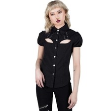 Killstar Punk Goth Hellstar Black Lace up Cut Out Silver Snap Shirt Top S NWT
