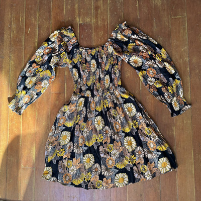 Vintage Y2K Black Floral Puff Sleeve Mini Dress Smocked Romantic Coquette S