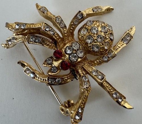 Large Vtg Gold Tone Rhinestone Red Eyes Spider Brooch Pin “Diamond ...