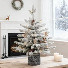 2 FT Prelit Flocked Tabletop Christmas Tree Artificial Mini Xmas Tree & 30 light