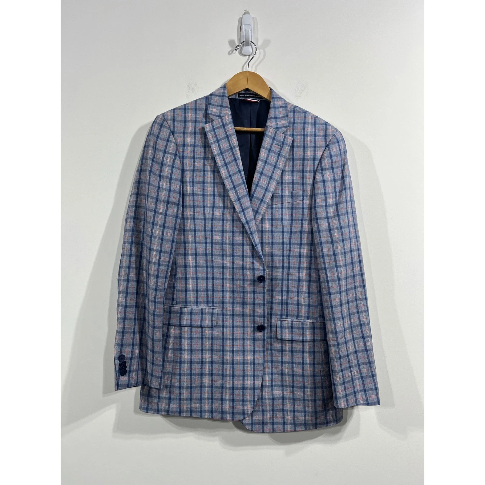 Tommy Hilfiger Mens Linen Cotton Plaid Two Button Blazer Sport Coat Jacket 40L