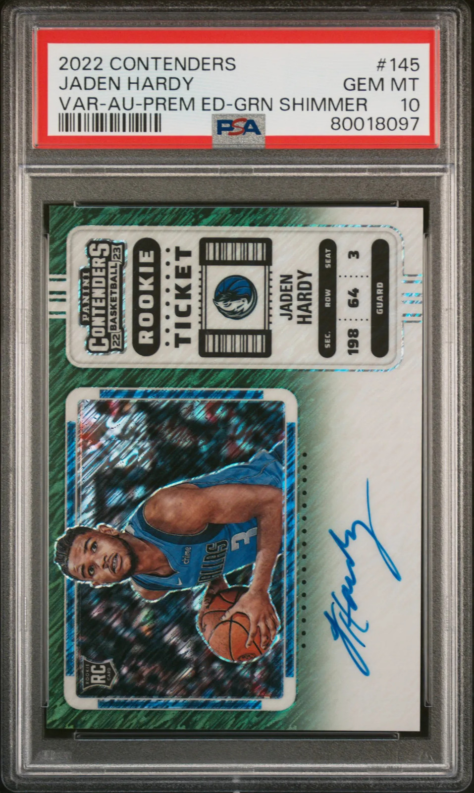 2022 Panini Contenders Jaden Hardy Green Shimmer Variation Auto Rookie PSA 10