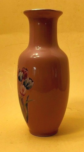 Jordan's Japan 8 ¼” Pink Vase with Flaired Gold Rim and Multi-Colored Tulips - Picture 2 of 6
