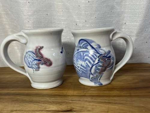 2 Blue And White Stoneware Pottery Tea Coffee Mugs Hand Painted Vintage