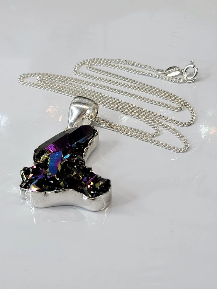 Colar assinado Charles Albert 950 prata esterlina fina pingente de quartzo Arora 20" - Imagem 3 de 4