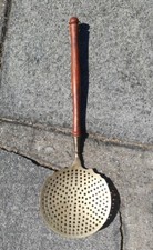 Vintage Large Wall Hanging  Brass Strainer Ladle with Wooden Handle