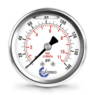 2.5'' LIQUID FILLED PRESSURE GAUGE 0 - 160 PSI, STAINLESS STEEL CASE BACK  MOUNT