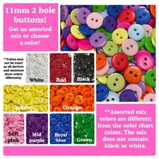 30 or 60 11mm Buttons 2 Hole Plastic Red White Black Green Blue 11mm 2 hole