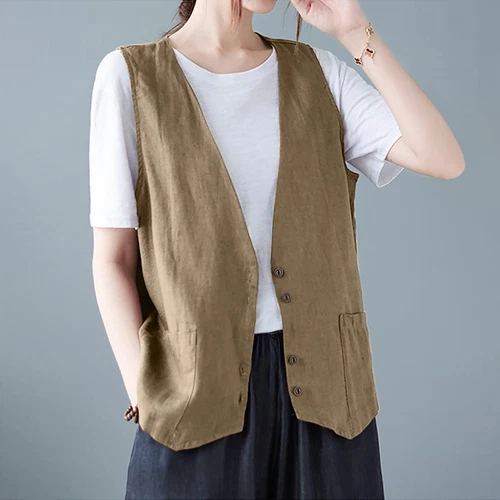 Mujeres Algodón Lino Sin Mangas Chaleco Abrigo Damas Botones Chaleco Informal Camiseta sin Mangas - Imagen 23 de 45