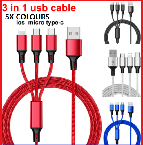 Multiple 3 in 1 USB Cable Phone Charger with Micro USB Type C 8-Pin Connector UK