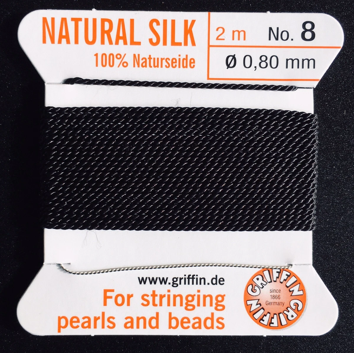 Griffin Silk Cord, Black, Size 8, 2 meters Length, 0.8mm Thickness