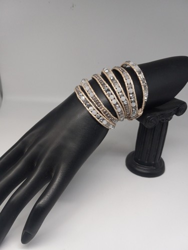 NAKAMOL Leather Frosted Clear Crystal & silvertone beads wrap bracelet - Picture 2 of 7