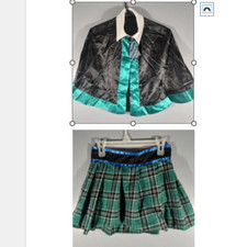 Halloween School Girl Costume Girls Sz S Plaid Skirt Blue Trim Cape w/ Green