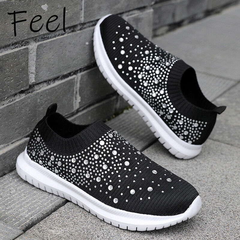 Womens Sparkly Glitter Sneakers Ladies Casual  On SlipTrainers Sock Shoes Size
