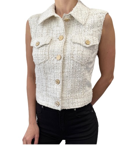 CHANEL Vintage 01P CC Mark Logo Sleeveless Vest Jacket #36 White Cotton Button - Picture 2 of 12