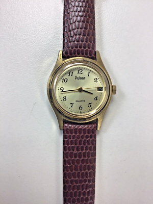 #ad Pulsar Watch Women Gold Tone Date New Band New Battery Works V247 0350 Vintage $46.99
