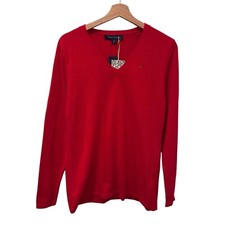NWT NOS Tommy Hilfiger Mens Sweater M Red Long Sleeve V Neck Solid Logo Pullover