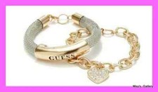 Image of GUESS Jeans Rhinestones Bangle Bracelet Logo Gold Tone Charms Mesh ID set of 2