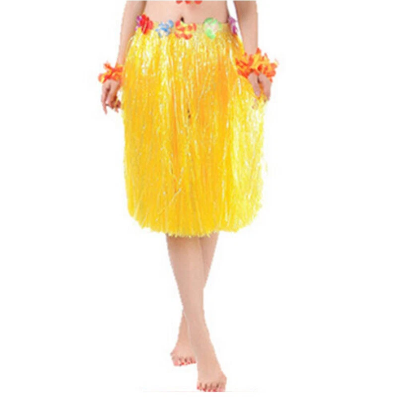 Falda Hawaiana Hula Hierba AMARILLA 60 cm y 4 Piezas Guirnalda de Flores Adulto Vestido Elegante Foto 2 de 4