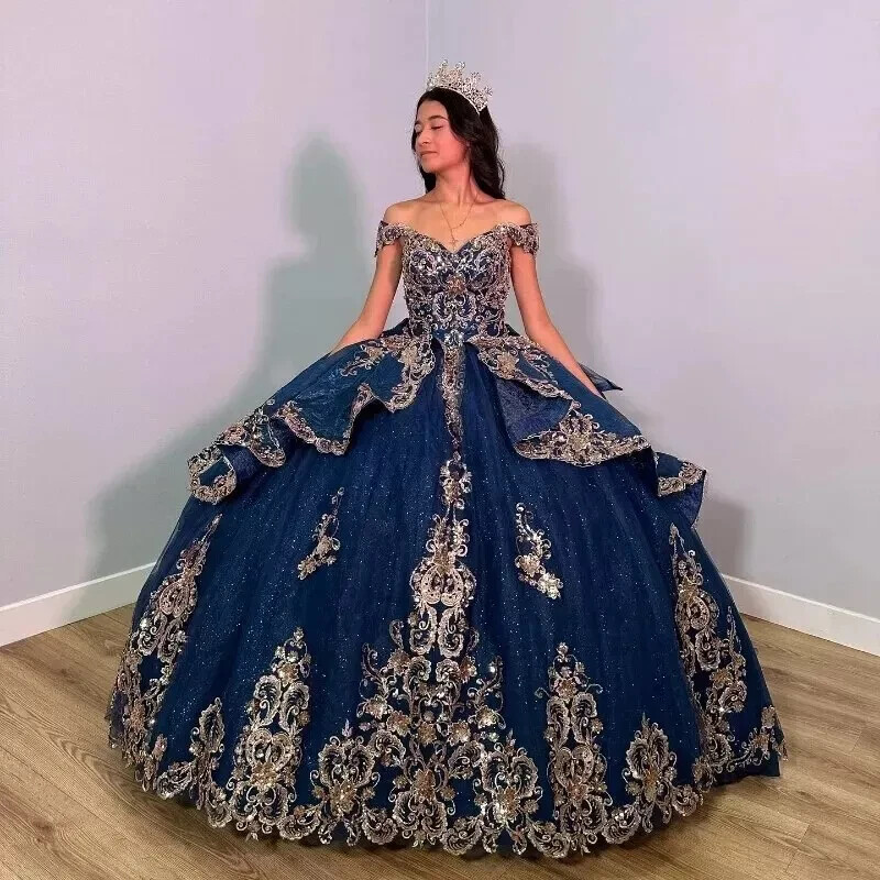 Navy Blue Quinceanera Dresses Appliques Lace Beads Prom Sweet 16 Vestido De
