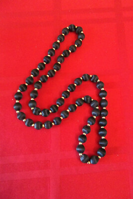 Necklace - Black Silk Thread Wrapped Beads w/Gold Tone Spacer Beads 30'' - Vtg